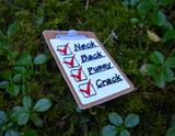 An embroidered patch of a clipboard with red checkmarks next to the words neck, back, pussy, and crack.