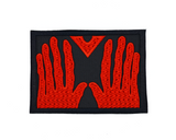 Rectangular black embroidered patch of the red hands of Manos, the Hands of Fate.