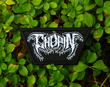 Rectangular white on black embroidered patch with the name of the classical music composer Chopin stylized to resemble a heavy metal band logo.