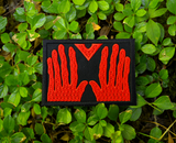Rectangular black embroidered patch of the red hands of Manos, the Hands of Fate.