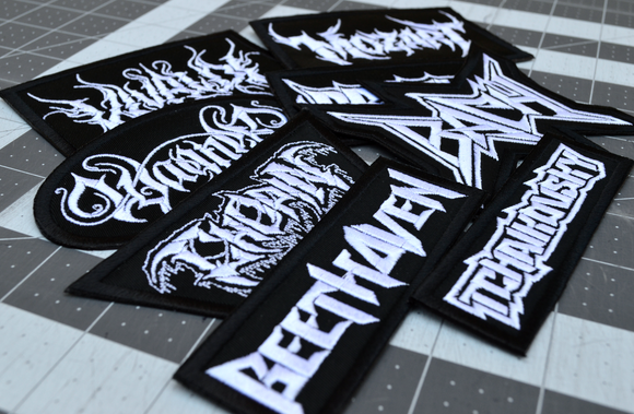A collection of heavy metal style embroidered patches for classical composers available from Thread By Dawn, including Bach, Beethoven, Brahms, Chopin, Mozart, Tchaikovsky, Vivaldi, and Wagner.