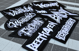 A collection of heavy metal style embroidered patches for classical composers available from Thread By Dawn, including Bach, Beethoven, Brahms, Chopin, Mozart, Tchaikovsky, Vivaldi, and Wagner.