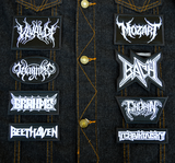 A collection of heavy metal style embroidered patches for classical composers available from Thread By Dawn, including Bach, Beethoven, Brahms, Chopin, Mozart, Tchaikovsky, Vivaldi, and Wagner.