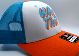 Right side view of a white, blue, and orange trucker style hat with blue and orange embroidery spelling out the phrase, why though?
