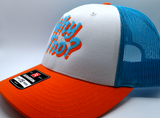 Left side view of a white, blue, and orange trucker style hat with blue and orange embroidery spelling out the phrase, why though?