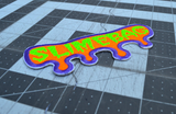 Close up detail of a purple, orange, and neon green embroidered patch shaped like dripping ooze with the word slimebag.