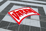 Close up detail of a red and white embroidered logo patch for the classic Kaiju giant monster movie, Varan, the Unbelievable.