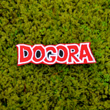 A red, black, and white embroidered logo patch for Dogora, the classic Kaiju monster movie.