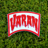 Red and white embroidered logo patch for the classic Kaiju giant monster movie, Varan, the Unbelievable.