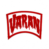 Red and white embroidered logo patch for the classic Kaiju giant monster movie, Varan, the Unbelievable.