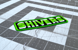 Close up detail of a rectangular green, black, and white, embroidered patch with 'SHIVERS' text on a green border, based on the classic horror sci-fi movie.