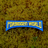 Embroidered logo patch for the classic horror sci-fi movie 'Forbidden World' with blue border and yellow text.