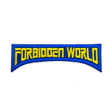 Embroidered logo patch for the classic horror sci-fi movie 'Forbidden World' with blue border and yellow text.