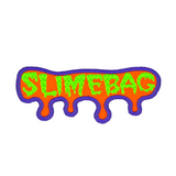 A purple, orange, and neon green embroidered patch shaped like dripping ooze with the word slimebag.