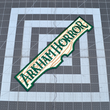 Rectangular embroidered patch resembling a wooden sign with the logo of the Arkham Horror board and card games.