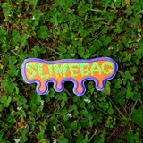 A purple, orange, and neon green embroidered patch shaped like dripping ooze with the word slimebag.
