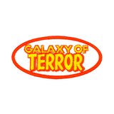 An oval-shaped white, orange, and yellow embroidered patch made from the title logo of the cult classic sci-fi horror movie Galaxy of Terror.