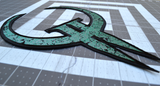 Close up detail of a large embroidered patch made from the logo of the classic first person shooter video game Quake 2.