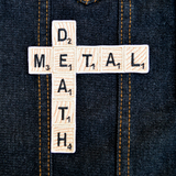 Embroidered patch resembling wooden scrabble tiles spelling the words 'DEATH METAL'.