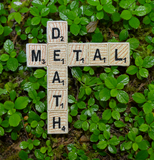 Embroidered patch resembling wooden scrabble tiles spelling the words 'DEATH METAL'.