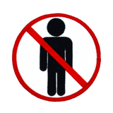 Circular white embroidered patch with red border and a red line crossing out a black silhouette of a person, resembling a public sign.
