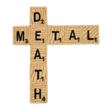Embroidered patch resembling wooden scrabble tiles spelling the words 'DEATH METAL'.
