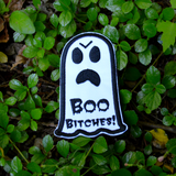 Black and white embroidered patch of an angry ghost with text that says 'Boo Bitches!'.