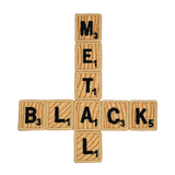 An embroidered patch that says black metal spelled out in Scrabble letters in the shape of an inverted cross.