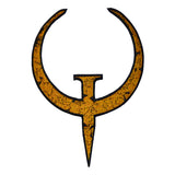 A large rust colored embroidered patch of the logo for the Quake 1 video game.