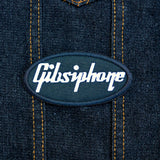 An oval-shaped black embroidered patch with the word 'Gibsiphone' stitched in white, resembling the logo for Gibson and Epiphone guitars.