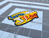Close up detail of an embroidered patch made from the logo of the classic platformer video game Earthworm Jim.