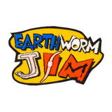An embroidered patch made from the logo of the classic platformer video game Earthworm Jim.
