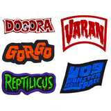 A collection of five obscure kaiju monster movie embroidered logo patches, including Reptilicus, Varan, Dogora, Gorgo, and Yog, the Monster from Space.