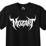 Black t-shirt with a white heavy metal-style logo for the classical composer Mozart. Original design by ModBlackmoon.