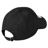 Rear view of a black baseball cap with an adjustable metal buckle.