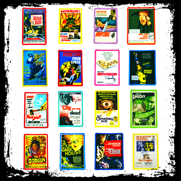 A collection of printed patches with embroidered borders featuring theatrical poster art from classic horror and sci-fi movies from the 1930s to the 1960s.