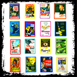 A collection of printed patches with embroidered borders featuring theatrical poster art from classic horror and sci-fi movies from the 1930s to the 1960s.