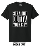 Men's style black t-shirt with custom 'Straight Outta your city' text on a white background