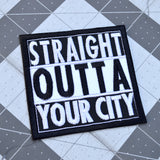 A square shaped white and black embroidered patch in the Straight Outta Compton format that can be customized with personal text.