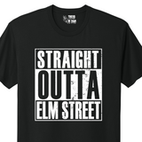 Black t-shirt with 'Straight Outta Elm Street' text on a white background