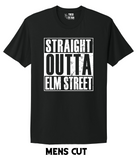 Men's style black t-shirt with 'Straight Outta Elm Street' text on a white background