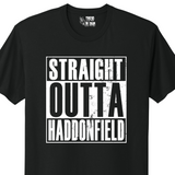 Black t-shirt with 'Straight Outta Haddonfield' text on a white background