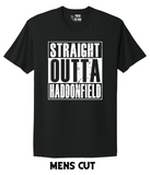 Men's style black t-shirt with 'Straight Outta Haddonfield' text on a white background