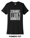 Women's style black t-shirt with 'Straight Outta Haddonfield' text on a white background.