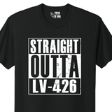 Black t-shirt with 'Straight Outta LV-426' text on a white background