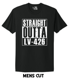 Men's style black t-shirt with 'Straight Outta LV-426' text on a white background.