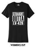 Women's style black t-shirt with 'Straight Outta LV-426' text on a white background