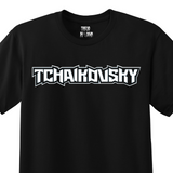 Black t-shirt with a white heavy metal-style logo for the classical composer Tchaikovsky. Original design by ModBlackmoon.