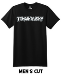 Black t-shirt with a white heavy metal-style logo for the classical composer Tchaikovsky. Original design by ModBlackmoon.