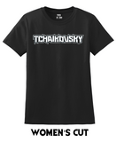 Black t-shirt with a white heavy metal-style logo for the classical composer Tchaikovsky. Original design by ModBlackmoon.